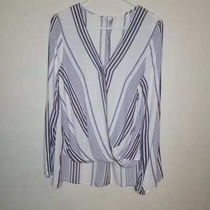 Willow Clay Surplice Top Women's Striped Small White Blue Faux Wrap Long Sleeve